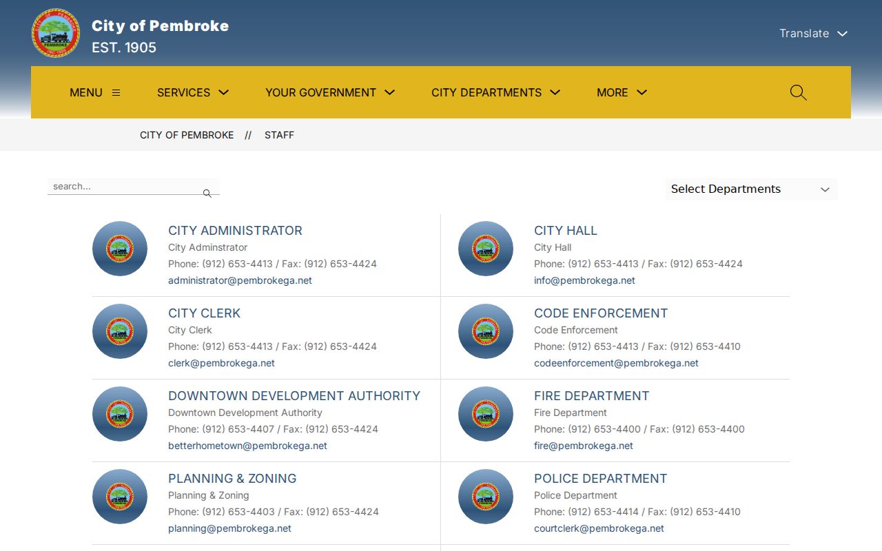 Pembroke city staff directory showing police and Municipal Court contacts